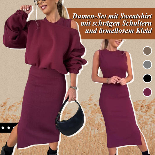 🌹Heißer Verkauf-49% Rabatt🥰Damen-Set mit Sweatshirt mit schrägen Schultern und ärmellosem Kleid