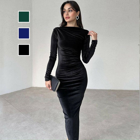 Modisches, einfarbiges, langärmliges, schmales Kleid für Damen