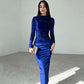 Modisches, einfarbiges, langärmliges, schmales Kleid für Damen