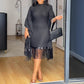 Midikleid in großen Größen mit Pailletten, Fransen und Fledermausärmeln für Damen