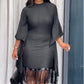 Midikleid in großen Größen mit Pailletten, Fransen und Fledermausärmeln für Damen