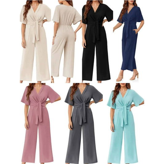 🎁Heißer Verkauf 49% OFF⏳Eleganter V-Ausschnitt Jumpsuit mit breiter Taille und Bindeband für Damen