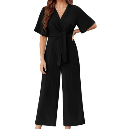🎁Heißer Verkauf 49% OFF⏳Eleganter V-Ausschnitt Jumpsuit mit breiter Taille und Bindeband für Damen
